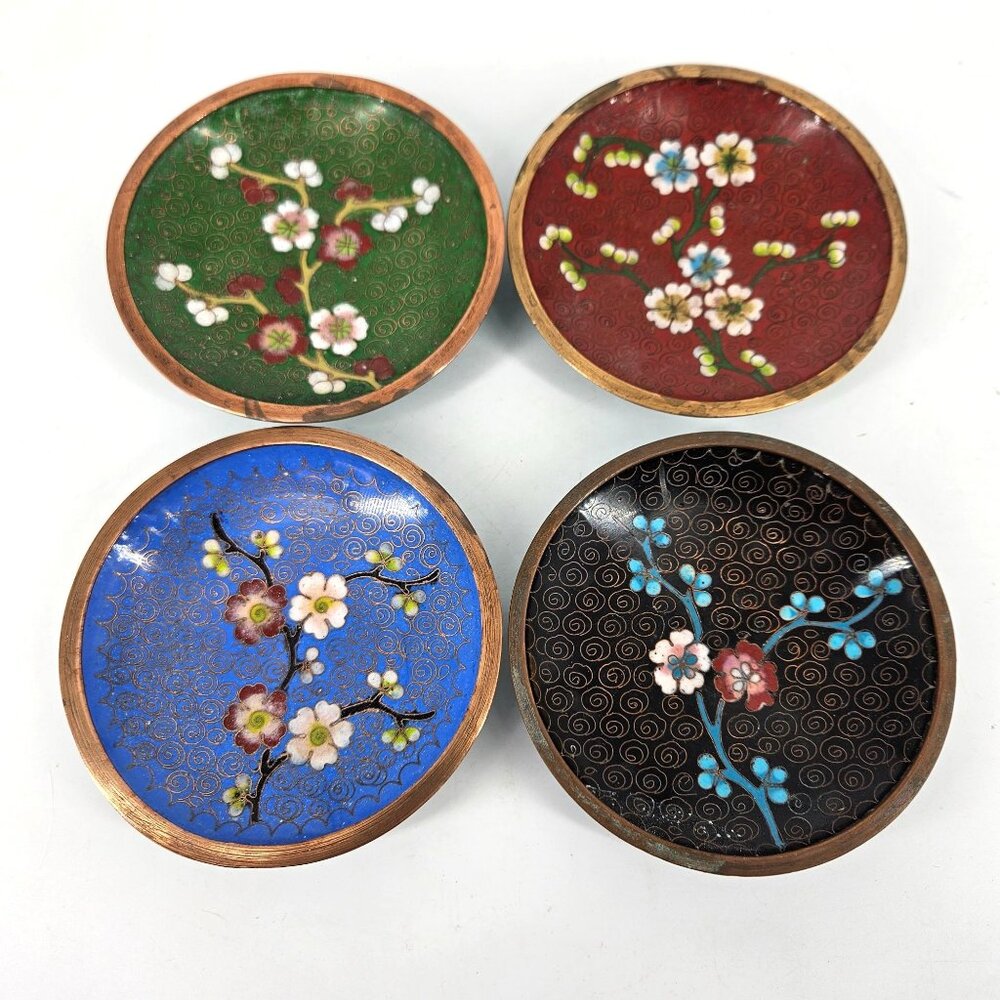 Enamel Cloisonne Circle Dish Plate Trinket 4" Brown China Floral Handpaint Lot 4